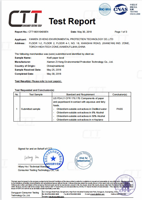 FDA for kraft paper bowls